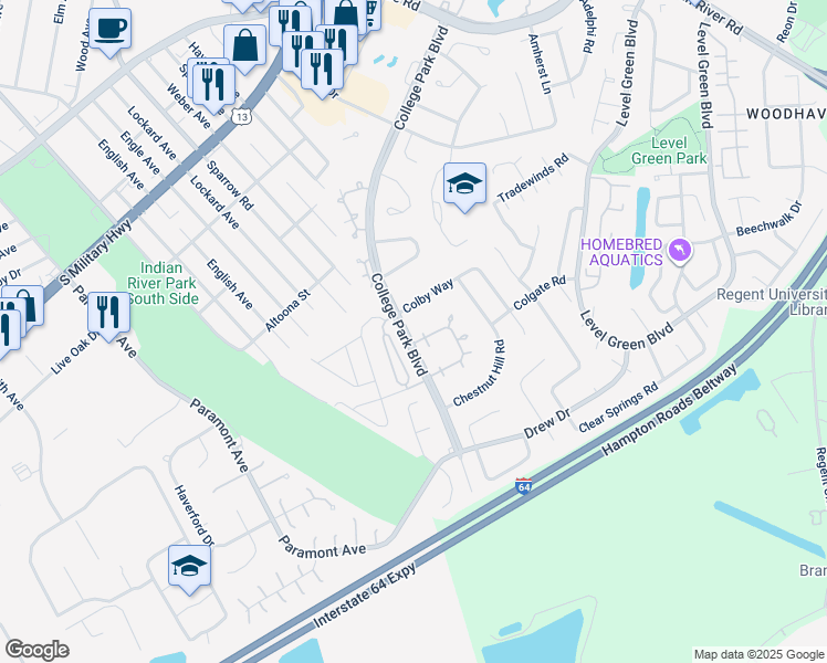 map of restaurants, bars, coffee shops, grocery stores, and more near 1221 Glyndon Drive in Virginia Beach