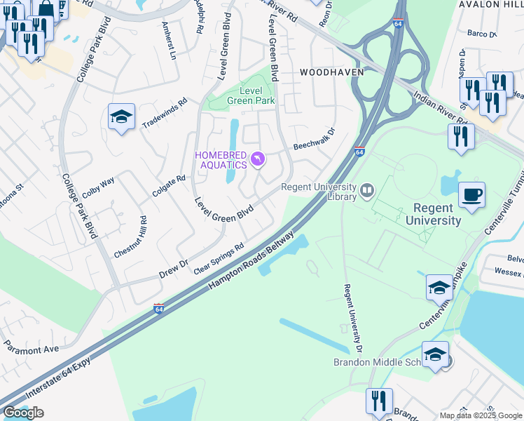 map of restaurants, bars, coffee shops, grocery stores, and more near 5876 Clear Springs Road in Virginia Beach