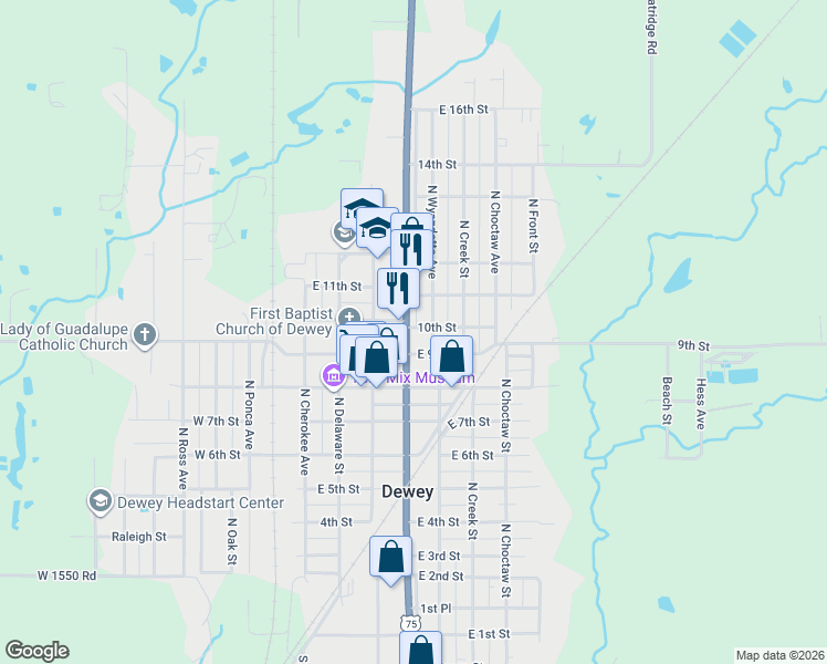 map of restaurants, bars, coffee shops, grocery stores, and more near 920 North Osage Avenue in Dewey