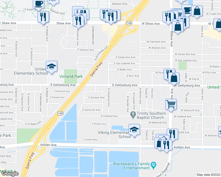 map of restaurants, bars, coffee shops, grocery stores, and more near 4546 North Chestnut Avenue in Fresno