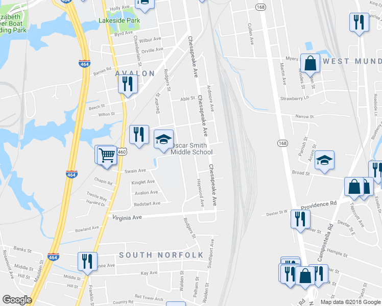 map of restaurants, bars, coffee shops, grocery stores, and more near 2404 Haywood Avenue in Chesapeake