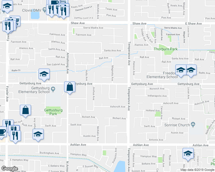 map of restaurants, bars, coffee shops, grocery stores, and more near 2802 Magnolia Avenue in Clovis