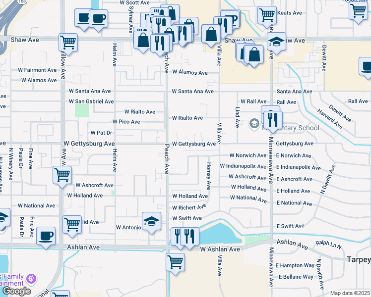 map of restaurants, bars, coffee shops, grocery stores, and more near 332 West Gettysburg Avenue in Clovis