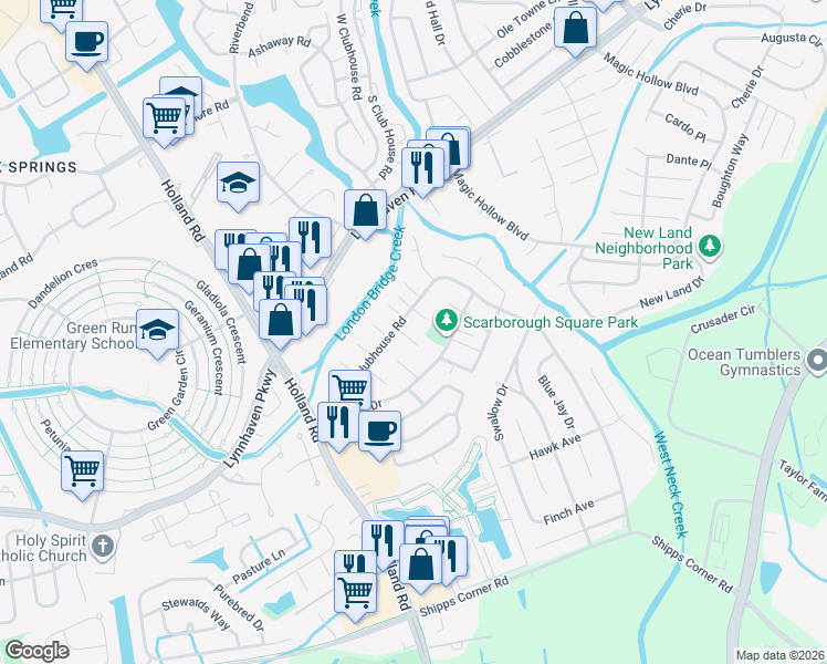 map of restaurants, bars, coffee shops, grocery stores, and more near 3205 Chesterton Court in Virginia Beach