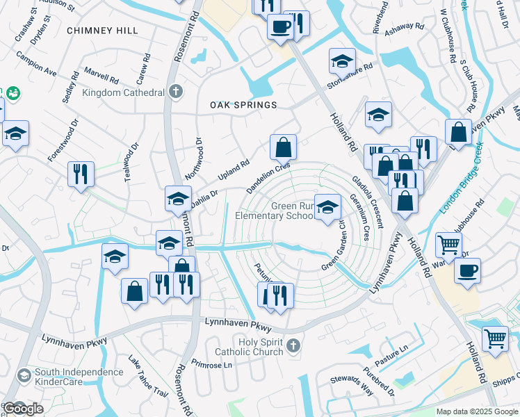 map of restaurants, bars, coffee shops, grocery stores, and more near 3512 Daffodil Crescent in Virginia Beach