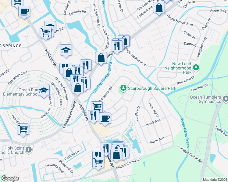 map of restaurants, bars, coffee shops, grocery stores, and more near 3205 Chesterton Court in Virginia Beach
