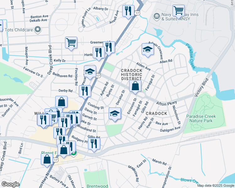map of restaurants, bars, coffee shops, grocery stores, and more near 82 Cushing Street in Portsmouth