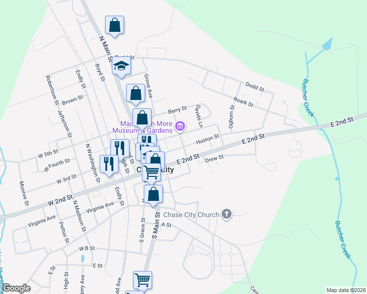 map of restaurants, bars, coffee shops, grocery stores, and more near 501 Huston Street in Chase City