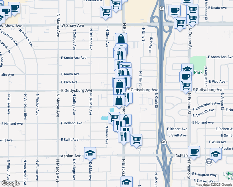map of restaurants, bars, coffee shops, grocery stores, and more near 1610 East Gettysburg Avenue in Fresno