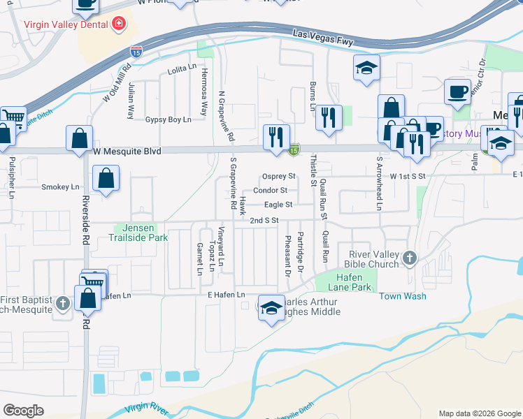map of restaurants, bars, coffee shops, grocery stores, and more near 562 Eagle Street in Mesquite