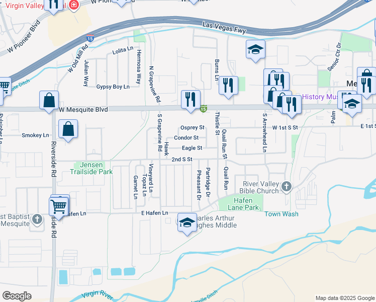 map of restaurants, bars, coffee shops, grocery stores, and more near 562 Eagle Street in Mesquite