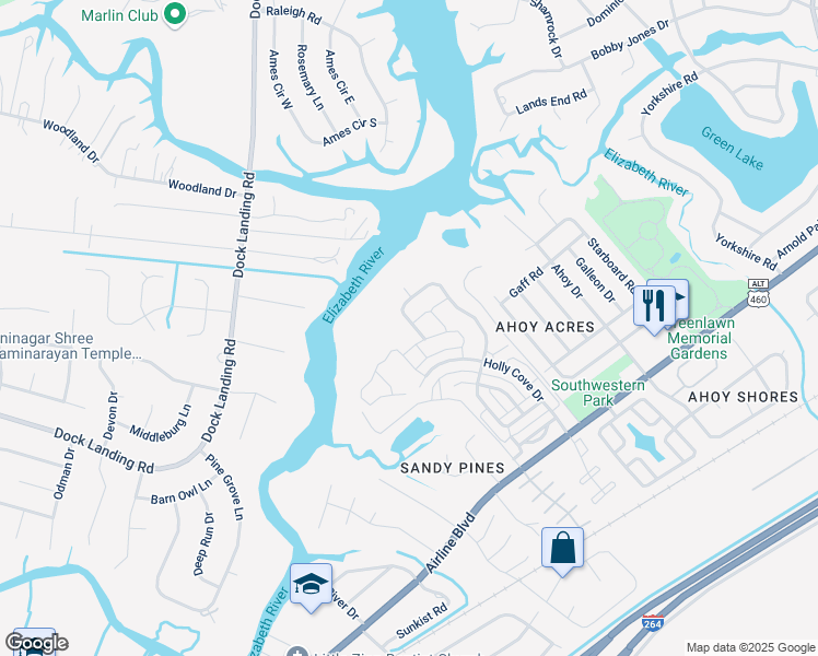 map of restaurants, bars, coffee shops, grocery stores, and more near 4324 Schooner Trail in Chesapeake