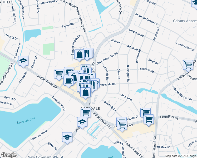 map of restaurants, bars, coffee shops, grocery stores, and more near 1232 Kempsville Road in Virginia Beach