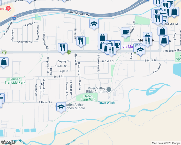 map of restaurants, bars, coffee shops, grocery stores, and more near 433 Bannock Street in Mesquite