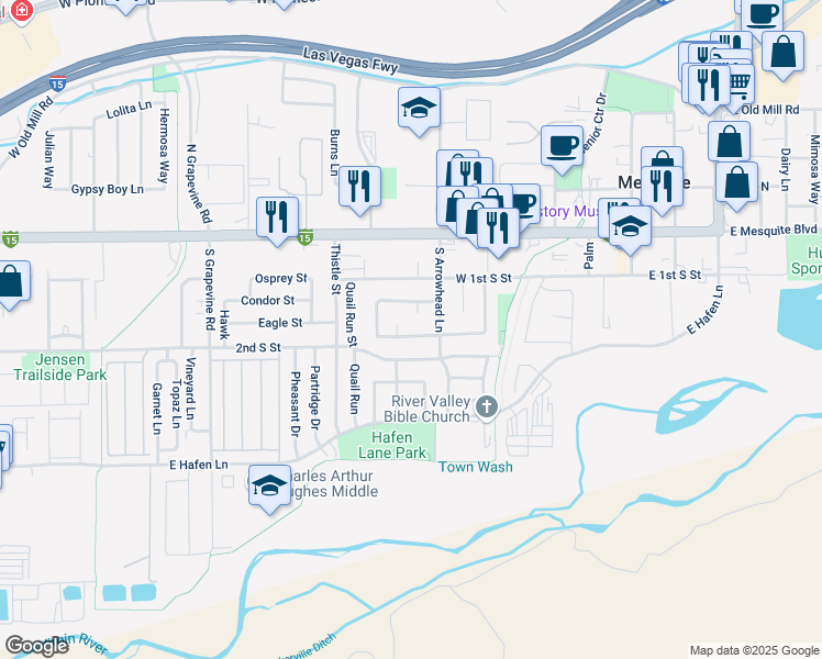 map of restaurants, bars, coffee shops, grocery stores, and more near 419 Bannock Street in Mesquite