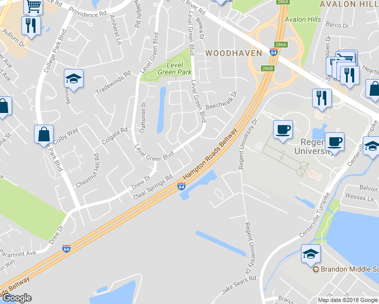 map of restaurants, bars, coffee shops, grocery stores, and more near 5879 Clear Springs Road in Virginia Beach
