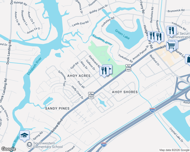 map of restaurants, bars, coffee shops, grocery stores, and more near 3901 Ahoy Drive in Chesapeake