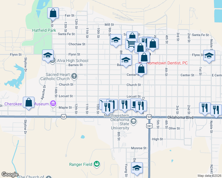 map of restaurants, bars, coffee shops, grocery stores, and more near 829 Church Street in Alva