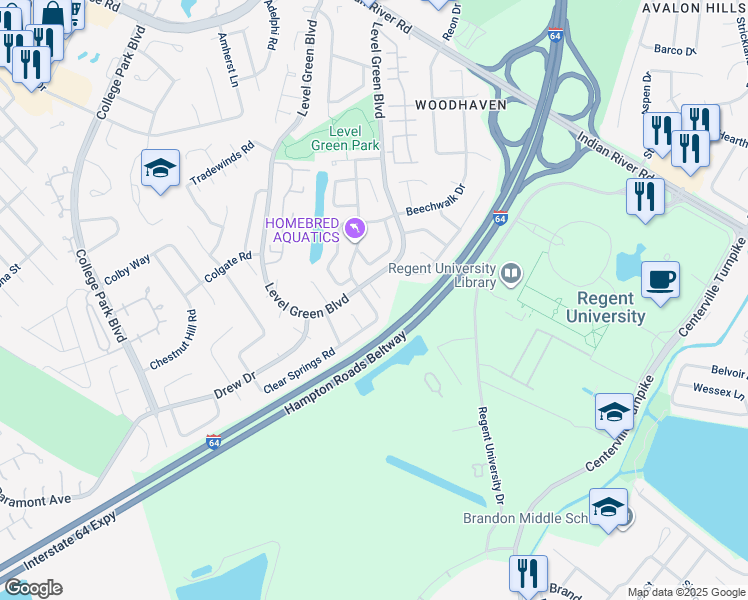 map of restaurants, bars, coffee shops, grocery stores, and more near 5879 Clear Springs Road in Virginia Beach