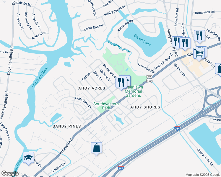 map of restaurants, bars, coffee shops, grocery stores, and more near 1637 Tiller Lane in Chesapeake