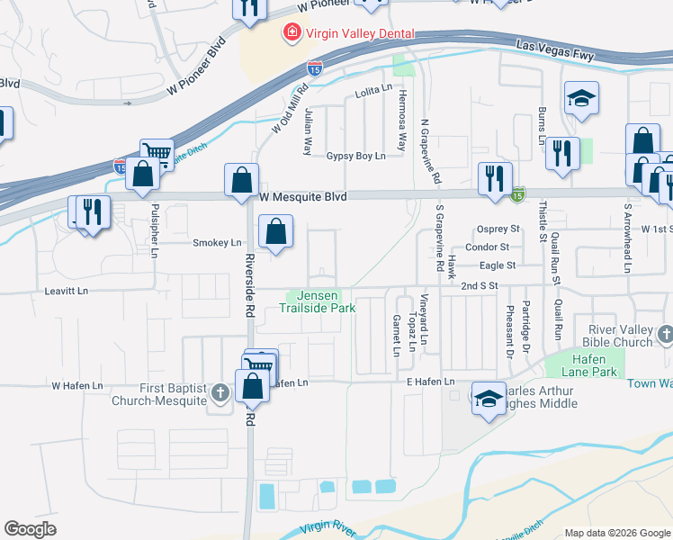 map of restaurants, bars, coffee shops, grocery stores, and more near 165 Shade Tree Lane in Mesquite