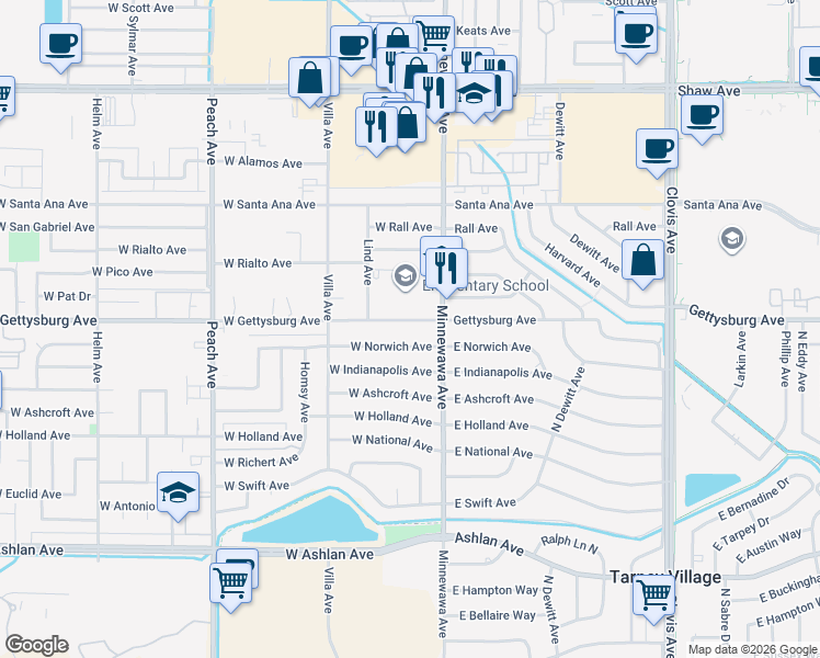map of restaurants, bars, coffee shops, grocery stores, and more near 62 West Gettysburg Avenue in Clovis