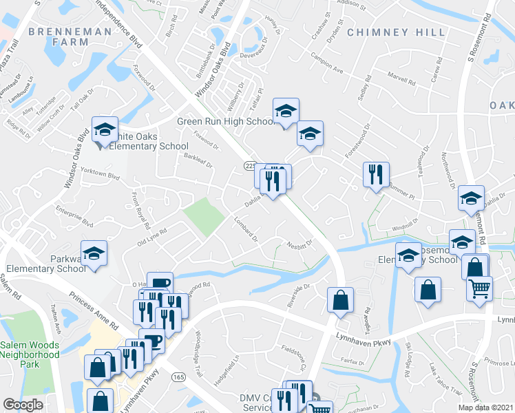 map of restaurants, bars, coffee shops, grocery stores, and more near 4089 Concordia Way in Virginia Beach