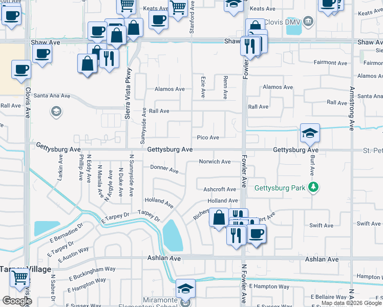 map of restaurants, bars, coffee shops, grocery stores, and more near 1588 Gettysburg Avenue in Clovis