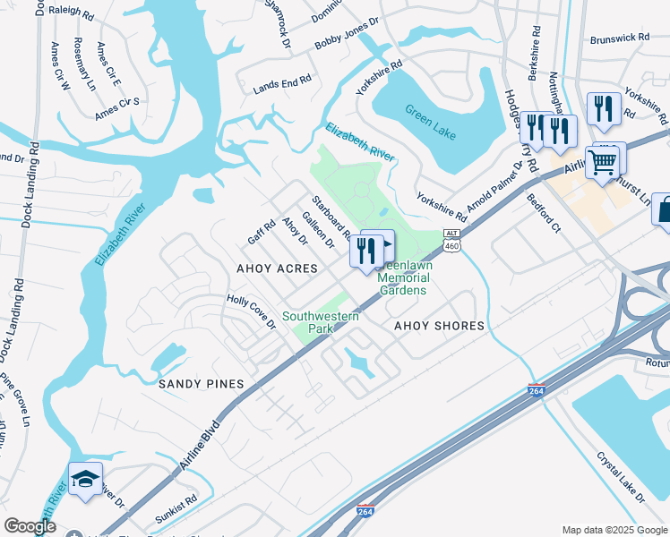 map of restaurants, bars, coffee shops, grocery stores, and more near 1637 Tiller Lane in Chesapeake