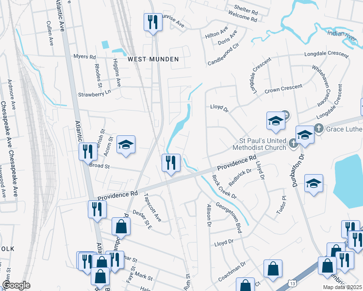 map of restaurants, bars, coffee shops, grocery stores, and more near 334 Daffodil Lane in Chesapeake