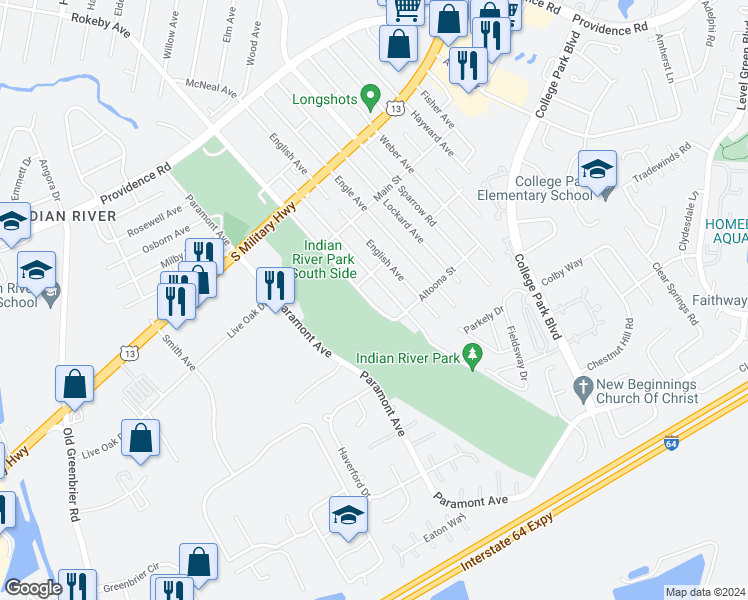 map of restaurants, bars, coffee shops, grocery stores, and more near 2110 Rokeby Avenue in Chesapeake
