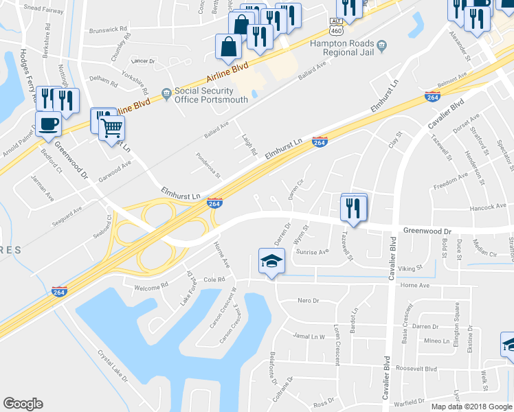 map of restaurants, bars, coffee shops, grocery stores, and more near 4672 Greenwood Drive in Portsmouth