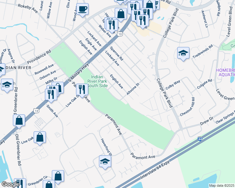 map of restaurants, bars, coffee shops, grocery stores, and more near 2129 Miller Avenue in Chesapeake