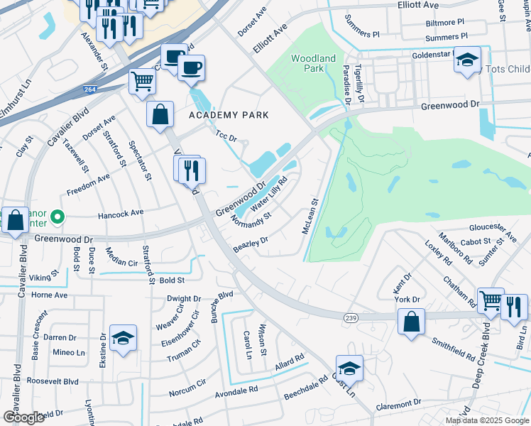 map of restaurants, bars, coffee shops, grocery stores, and more near 610 Normandy Street in Portsmouth