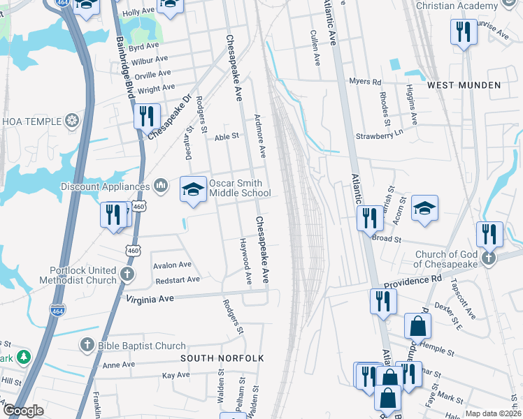 map of restaurants, bars, coffee shops, grocery stores, and more near 2401 Chesapeake Circle in Chesapeake
