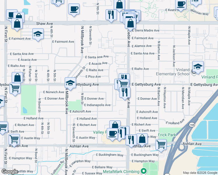 map of restaurants, bars, coffee shops, grocery stores, and more near 4026 East Gettysburg Avenue in Fresno