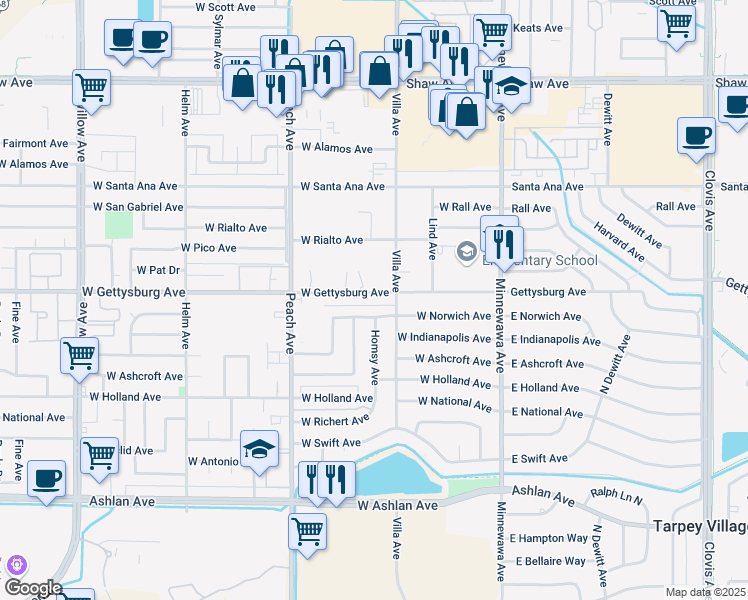 map of restaurants, bars, coffee shops, grocery stores, and more near 248 West Gettysburg Avenue in Clovis