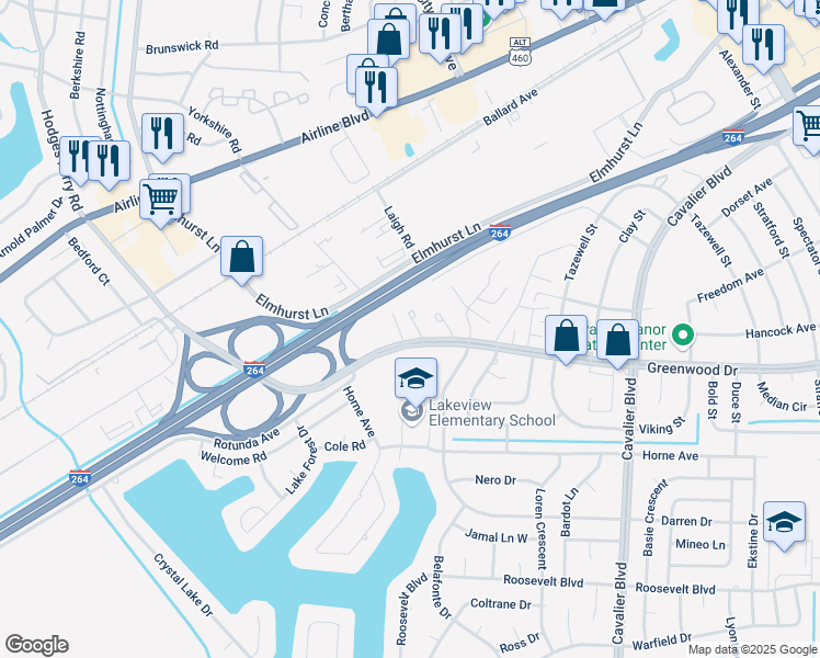 map of restaurants, bars, coffee shops, grocery stores, and more near 4670 Greenwood Drive in Portsmouth