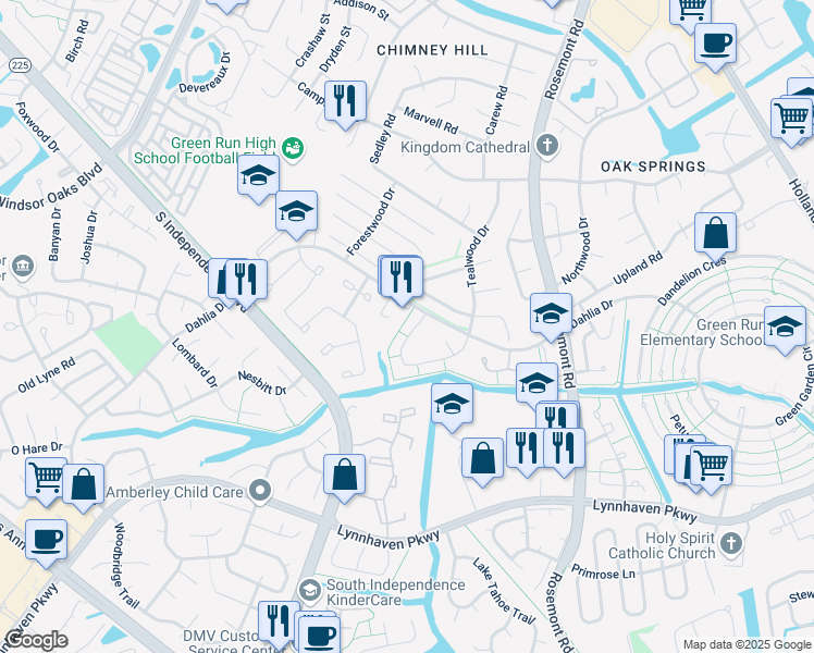 map of restaurants, bars, coffee shops, grocery stores, and more near 3566 Windmill Drive in Virginia Beach