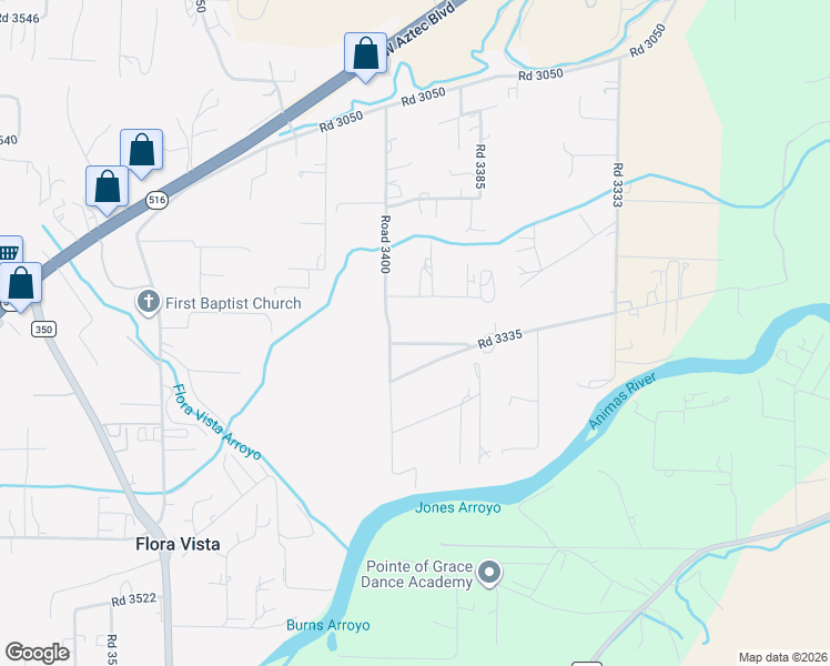 map of restaurants, bars, coffee shops, grocery stores, and more near 50 Road 3400 in Aztec