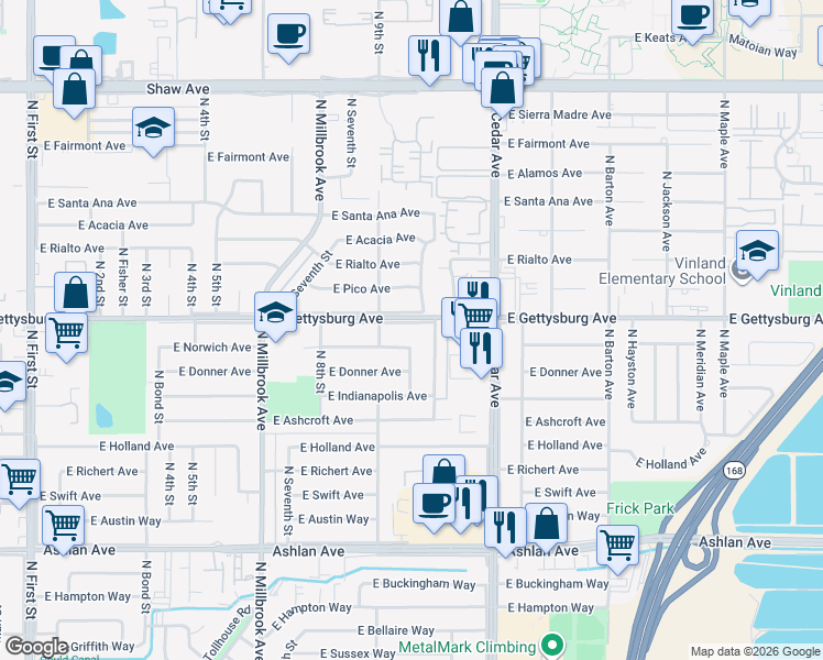 map of restaurants, bars, coffee shops, grocery stores, and more near 4026 East Gettysburg Avenue in Fresno