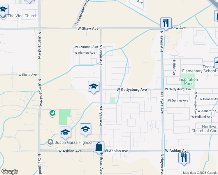 map of restaurants, bars, coffee shops, grocery stores, and more near 6417 West Pico Avenue in Fresno