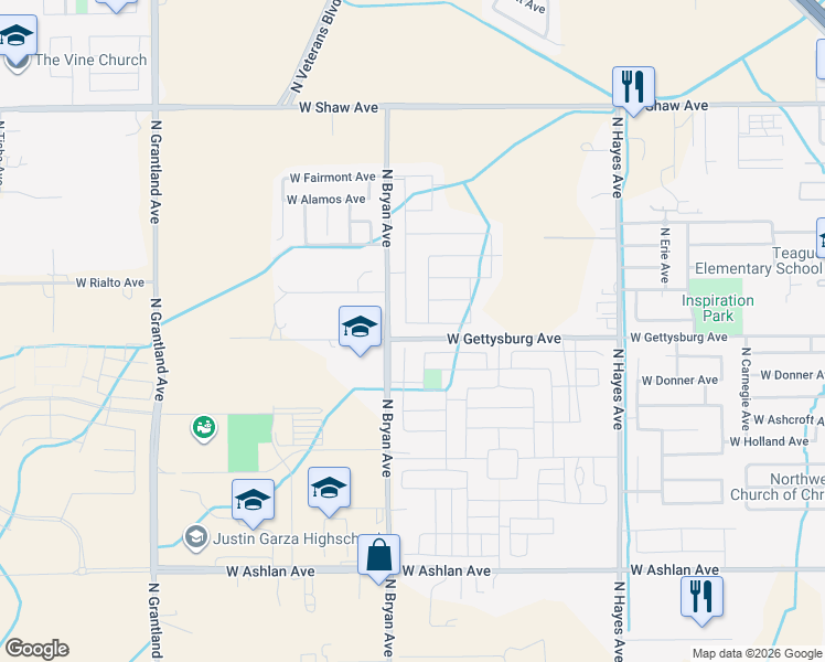 map of restaurants, bars, coffee shops, grocery stores, and more near 6487 West Pico Avenue in Fresno