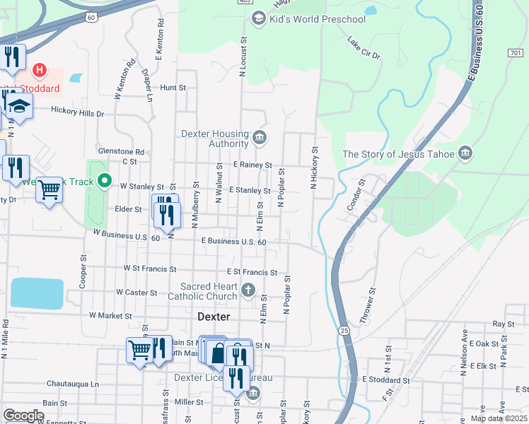map of restaurants, bars, coffee shops, grocery stores, and more near 704 North Elm Street in Dexter