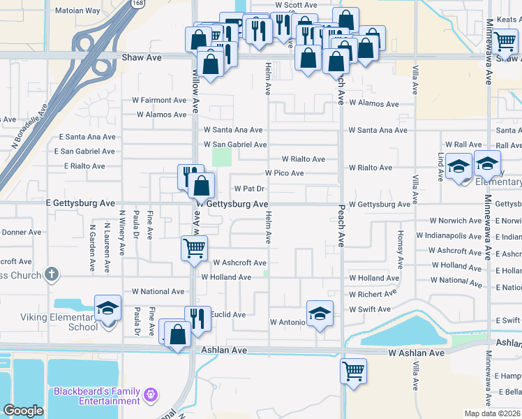 map of restaurants, bars, coffee shops, grocery stores, and more near 608 West Gettysburg Avenue in Clovis