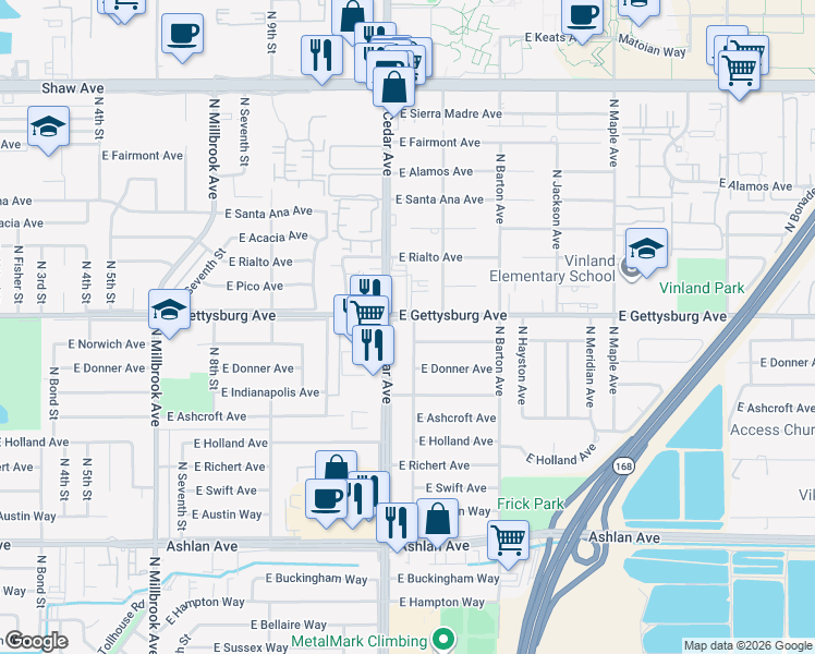 map of restaurants, bars, coffee shops, grocery stores, and more near 4593 North Cedar Avenue in Fresno