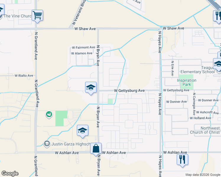 map of restaurants, bars, coffee shops, grocery stores, and more near 6417 West Pico Avenue in Fresno