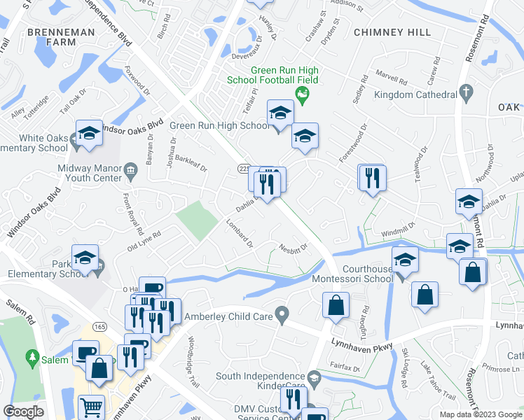 map of restaurants, bars, coffee shops, grocery stores, and more near 4080 Concordia Way in Virginia Beach
