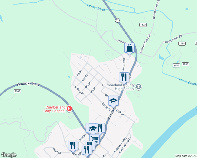 map of restaurants, bars, coffee shops, grocery stores, and more near 701-713 4th Street in Burkesville