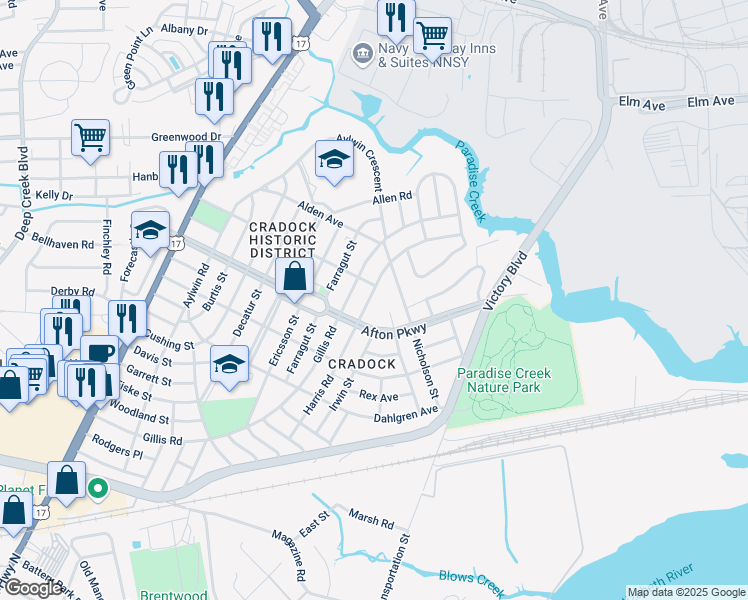 map of restaurants, bars, coffee shops, grocery stores, and more near 62 Harris Road in Portsmouth